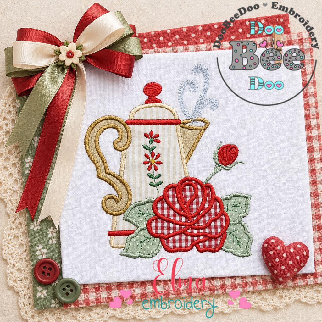 Vintage Rose Teapot - Appliqué - Machine Embroidery Design