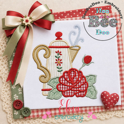 Vintage Rose Teapot - Appliqué - Machine Embroidery Design