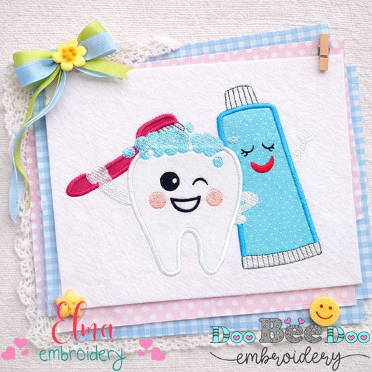 Cute Brush Your Teeth Tooth - Appliqué - Machine Embroidery Design