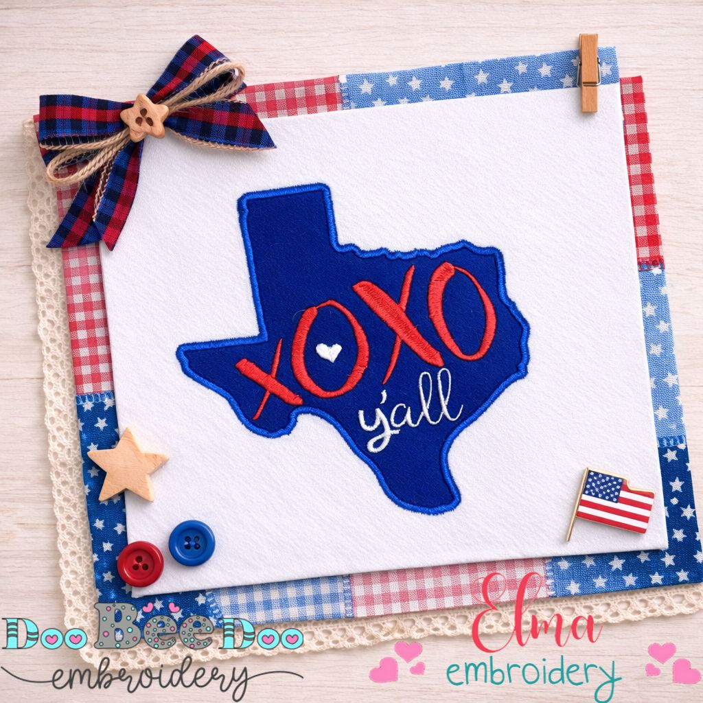 Texas Love XOXO Yall Map - Appliqué - Machine Embroidery Design