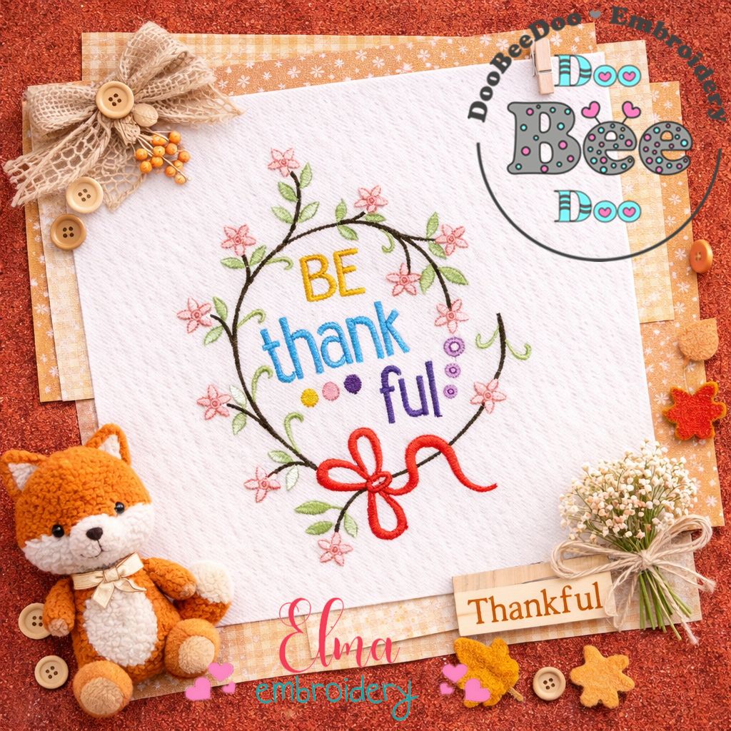 Thankful Floral Wreath with Bow – Satin Stitch – Machine Embroidery Design
