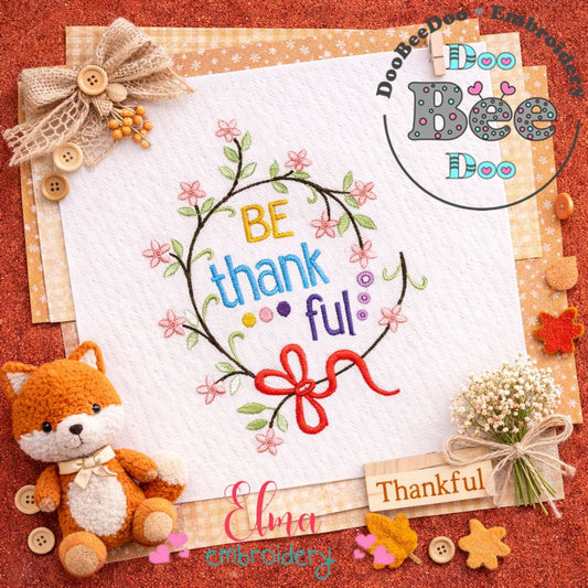 Thankful Floral Wreath with Bow – Satin Stitch – Machine Embroidery Design