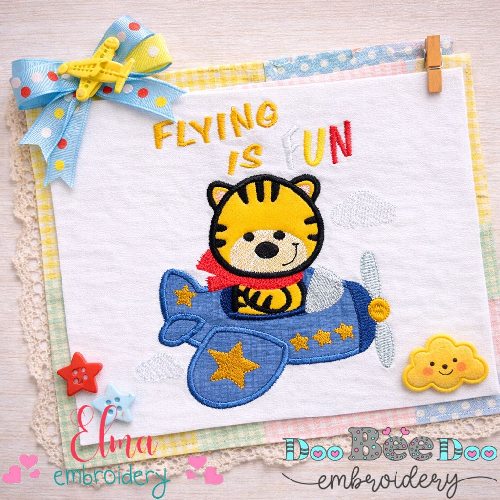 Flying Is Fun Tiger Airplane – Appliqué – Machine Embroidery Design