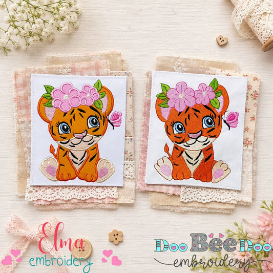 Sweet Tiger with Flowers – Appliqué & Fill Stitch – Machine Embroidery Design