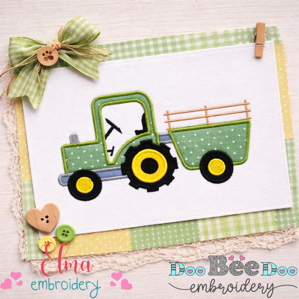 Farm Tractor with Trailer – Appliqué – Machine Embroidery Design