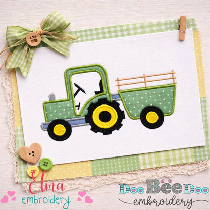 Farm Tractor with Trailer – Appliqué – Machine Embroidery Design