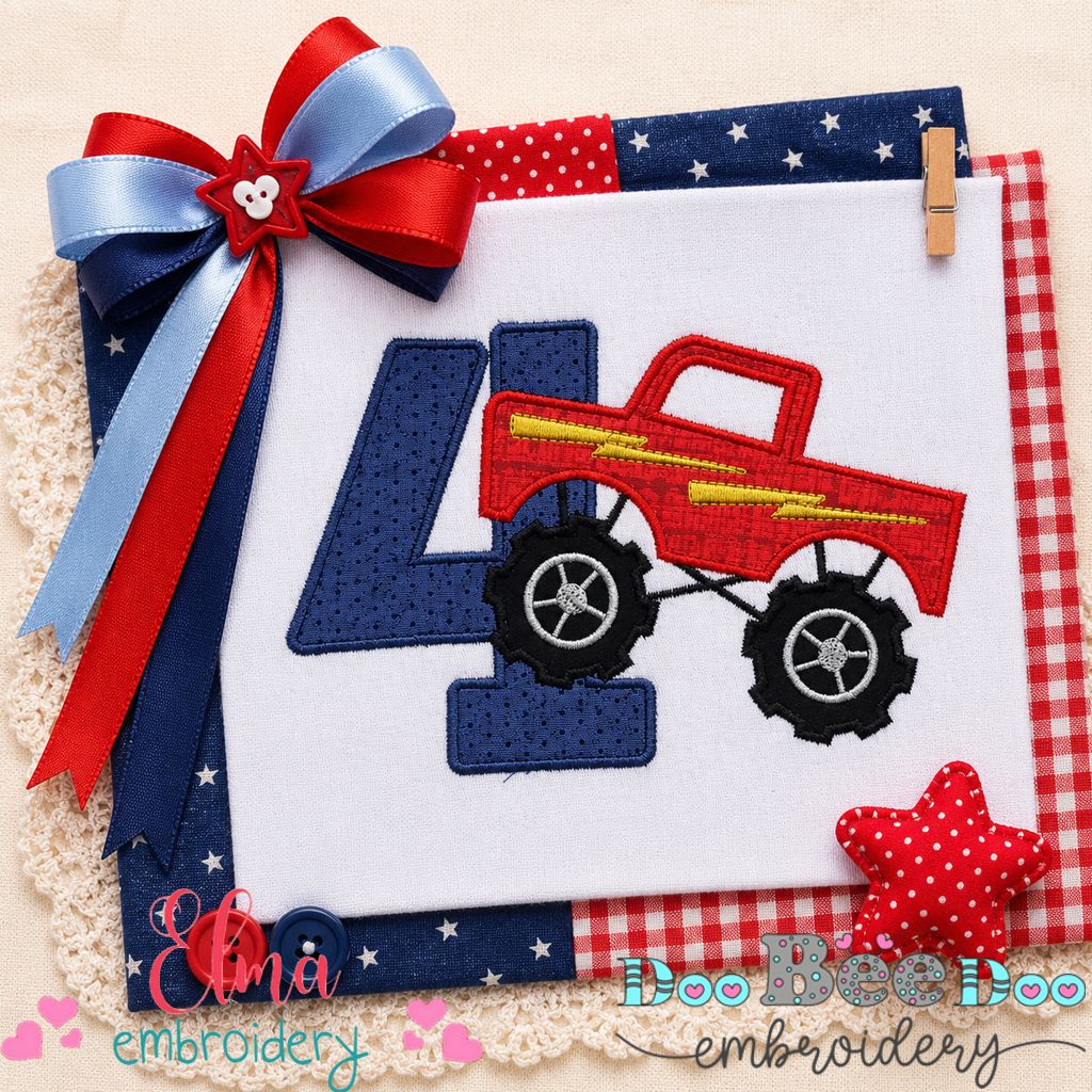 Monster Truck Number Four - Applique - Machine Embroidery Design