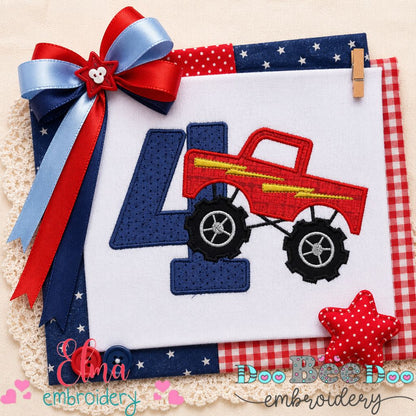 Monster Truck Number Four - Applique - Machine Embroidery Design