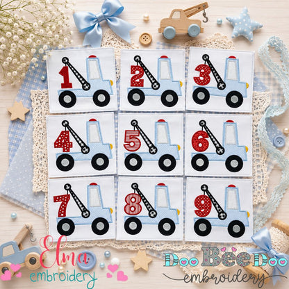 Tow Truck Birthday Numbers Collection 1-9 - Applique - Machine Embroidery Design