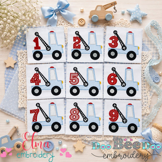 Tow Truck Birthday Numbers Collection 1-9 - Applique - Machine Embroidery Design