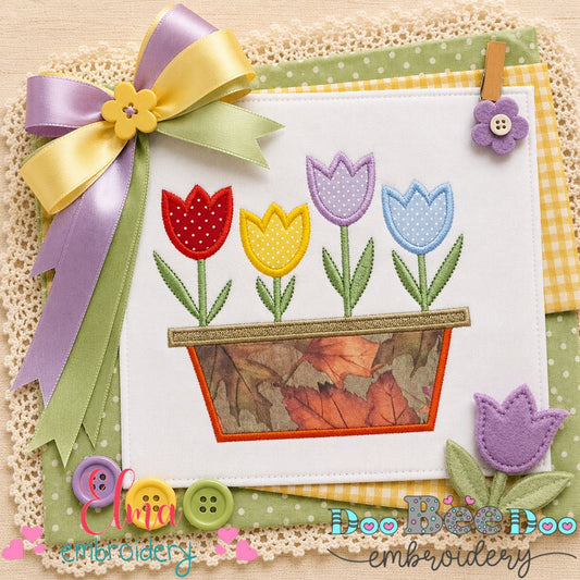 Spring Tulips Planter - Appliqué - Machine Embroidery Design