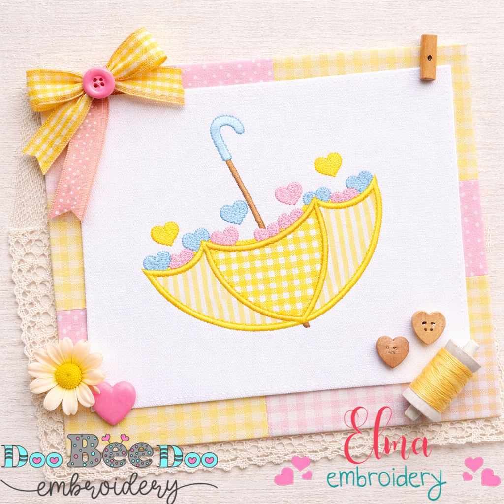 Kawaii Umbrella with Hearts - Appliqué - Machine Embroidery Design