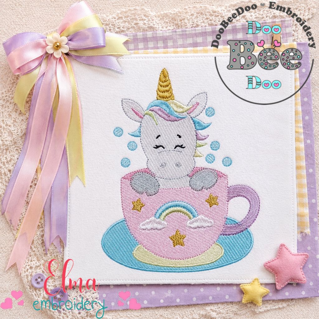 Sweet Unicorn in Teacup - Fill Stitch - Machine Embroidery Design