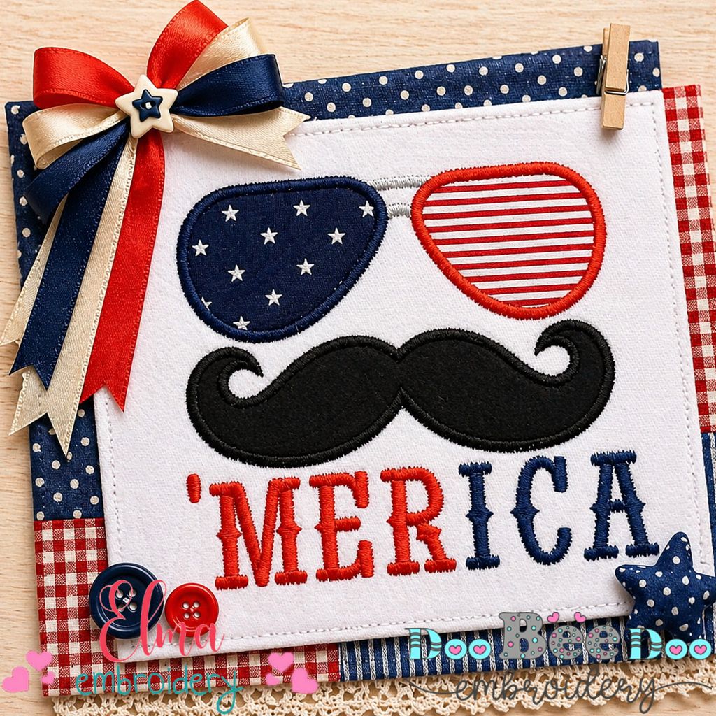 Funny ‘Merica Sunglasses & Mustache – Appliqué – Machine Embroidery Design