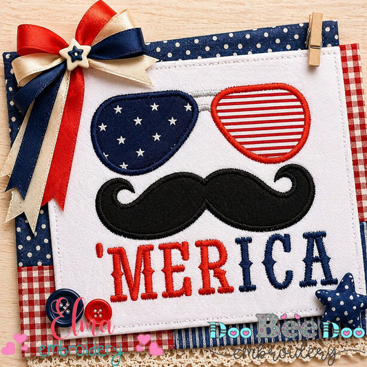 Funny ‘Merica Sunglasses & Mustache – Appliqué – Machine Embroidery Design