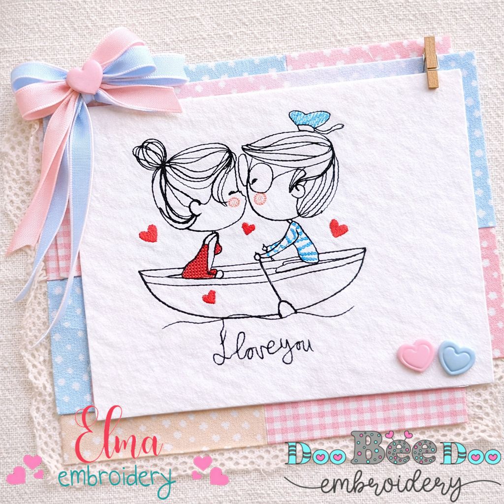Swirly Couple on the Boat – Redwork Stitch – Machine Embroidery Design
