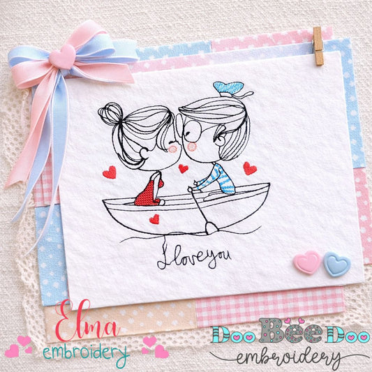 Swirly Couple on the Boat – Redwork Stitch – Machine Embroidery Design