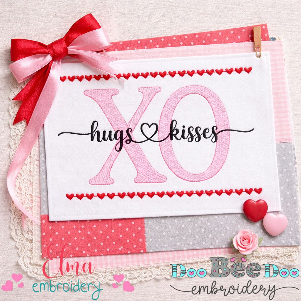 XO Hugs and Kisses Hearts - Sketch Stitch - Machine Embroidery Design