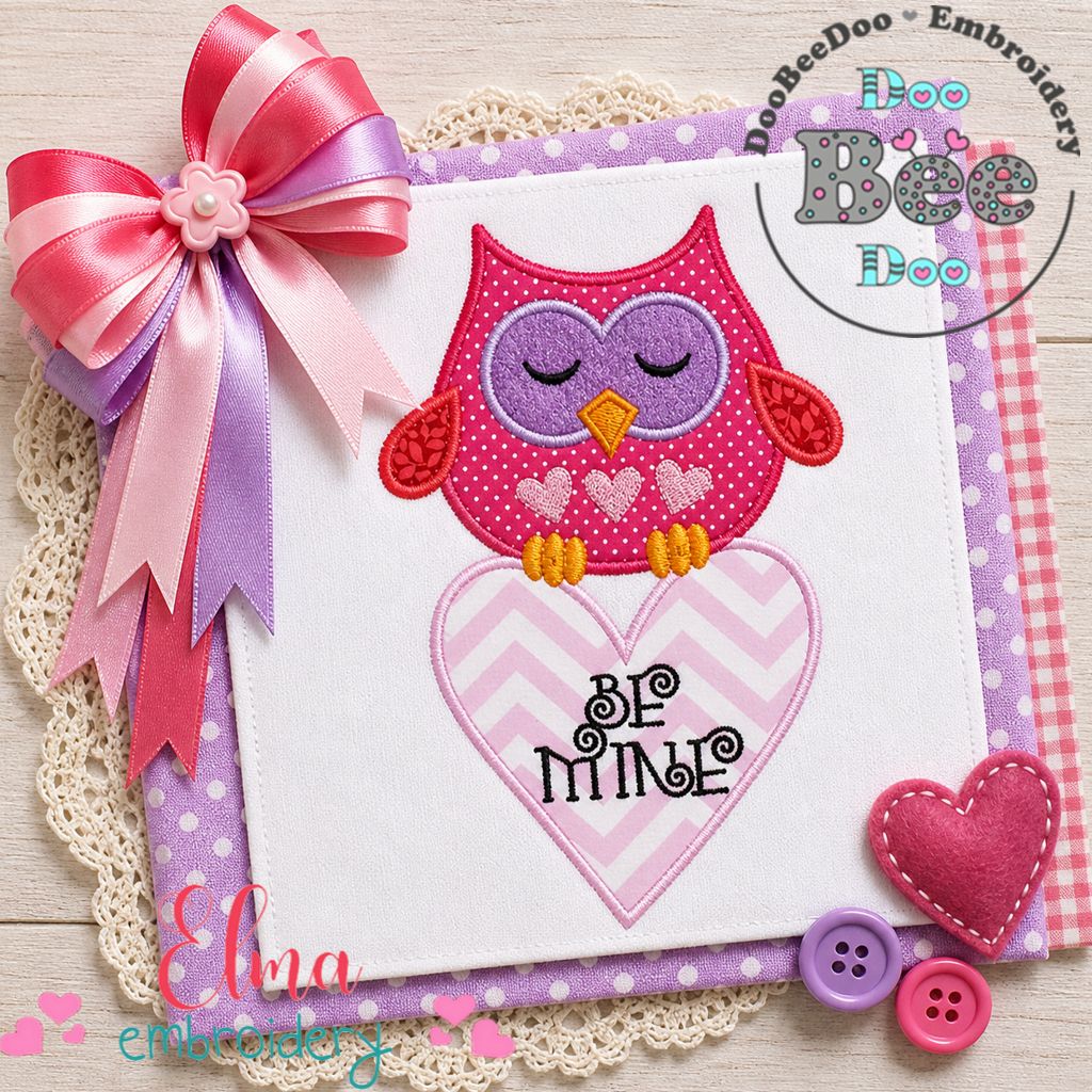 Sweet Owl Be Mine Heart – Appliqué – Machine Embroidery Design
