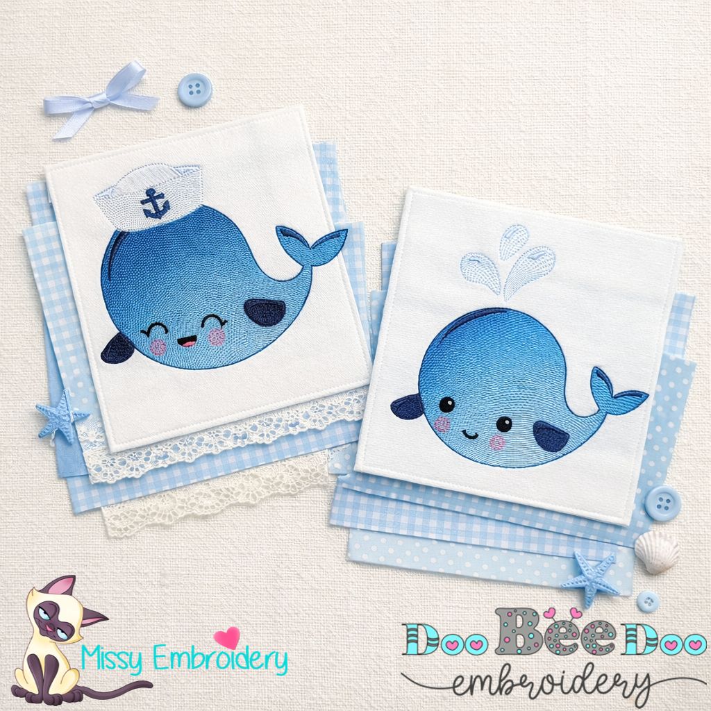 Sweet Baby Whale Duo – Rippled Stitch – Machine Embroidery Design