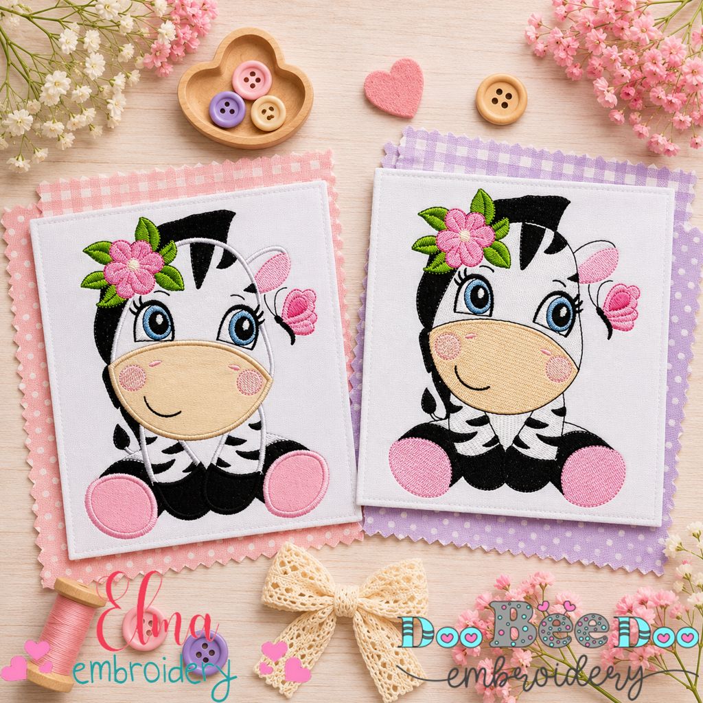 Sweet Zebra With Flowers Collection – Applique & Fill Stitch – Machine Embroidery Design