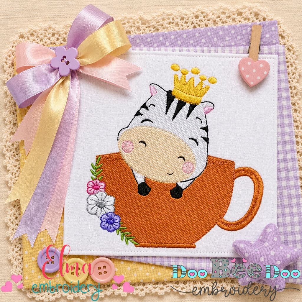Little Zebra in Teacup - Fill Stitch - Machine Embroidery Design