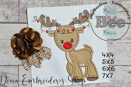 Christmas Reindeer with Lights 🦌🎄 – Applique - Machine Embroidery Design
