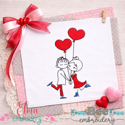 Sweet Couple with Heart Balloons - Fill Stitch - Machine Embroidery Design