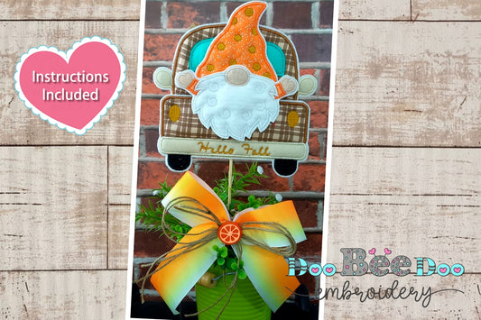 Hello Fall Gnome in the Truck - ITH Project - Machine Embroidery Design