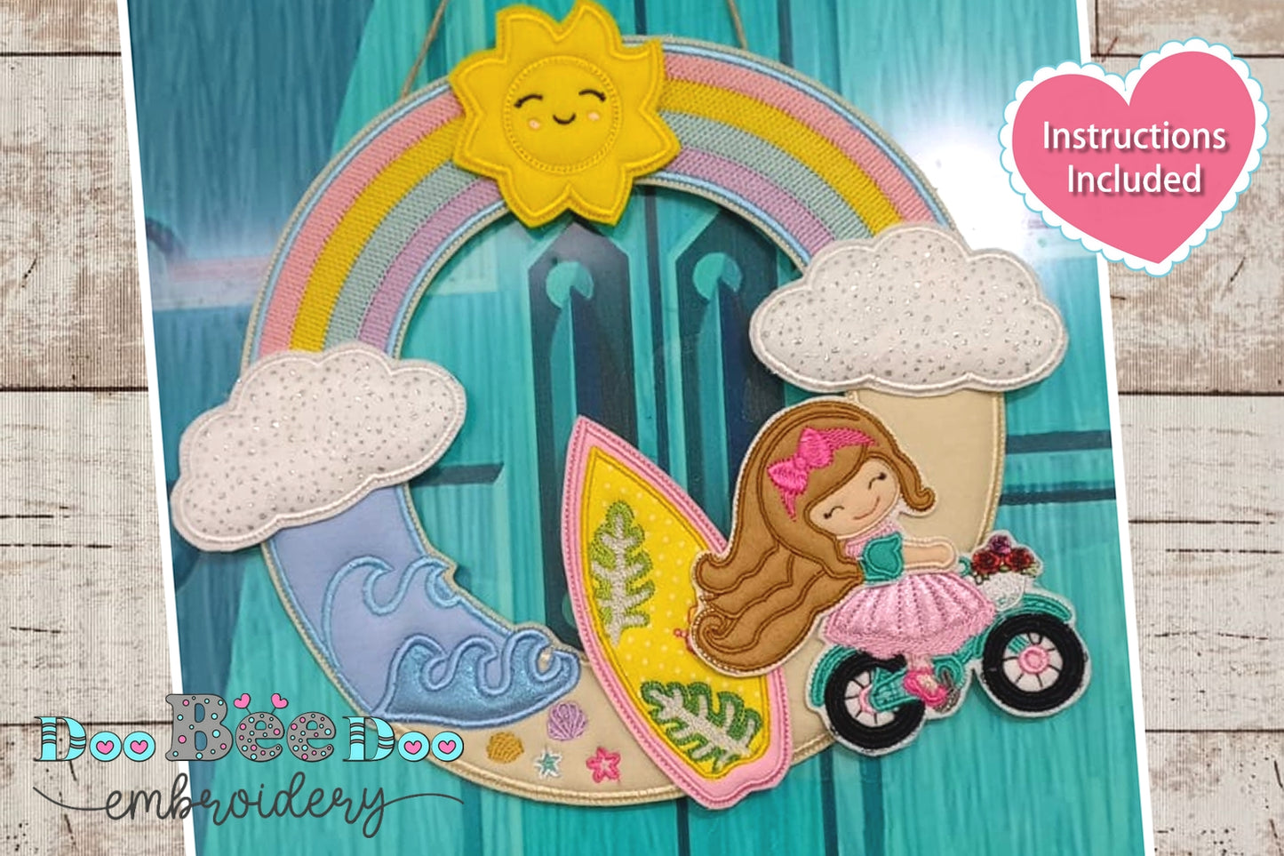 Bike Girl Wreath Ornament - ITH Project - Machine Embroidery Design