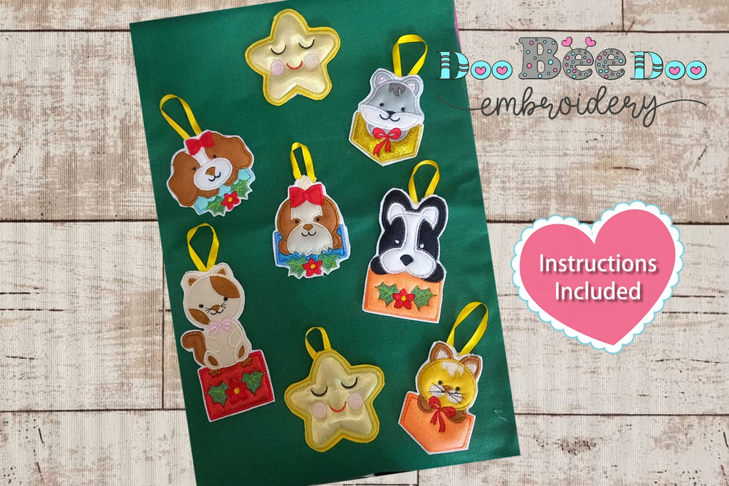 Dog and Cat Christmas Ornaments Set - ITH Project - Machine Embroidery Design