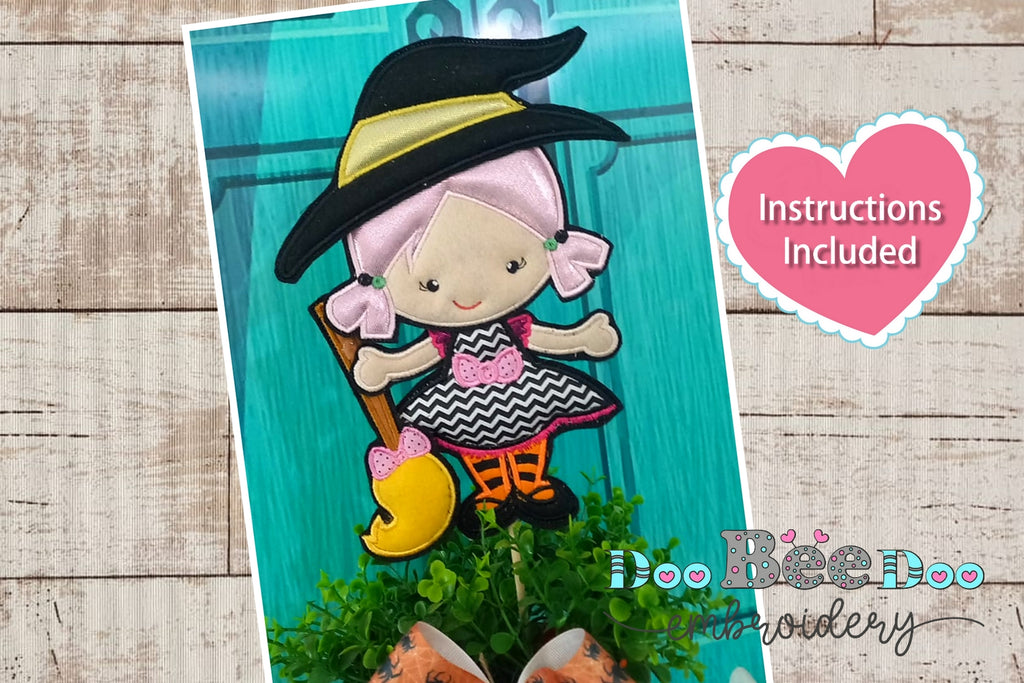 Little Witch Holding a Broom - ITH Project - Machine Embroidery Design