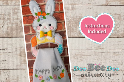 Rabbit Dish Towel Holder with Flowers - ITH Project - Machine Embroidery Design