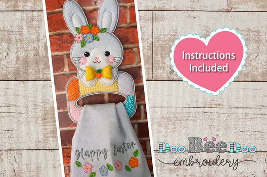 Rabbit Dish Towel Holder with Flowers - ITH Project - Machine Embroidery Design