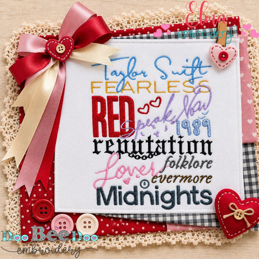 Taylor Swift Album Eras - Satin Stitch - Machine Embroidery Design