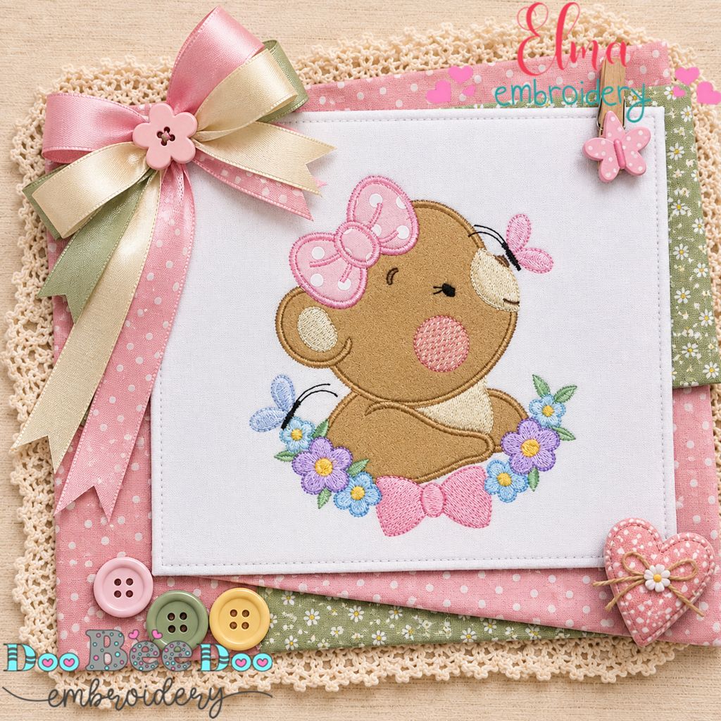 Butterfly Blossom Bear - Appliqué - Machine Embroidery Design