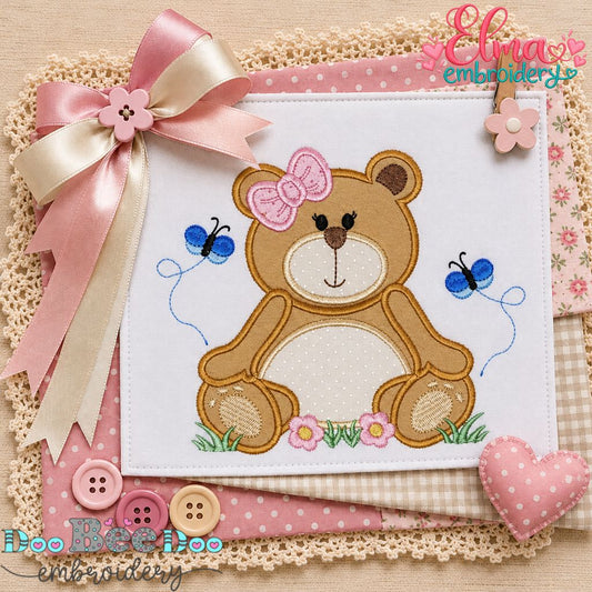 Butterfly Garden Teddy Bear Girl - Appliqué - Machine Embroidery Design