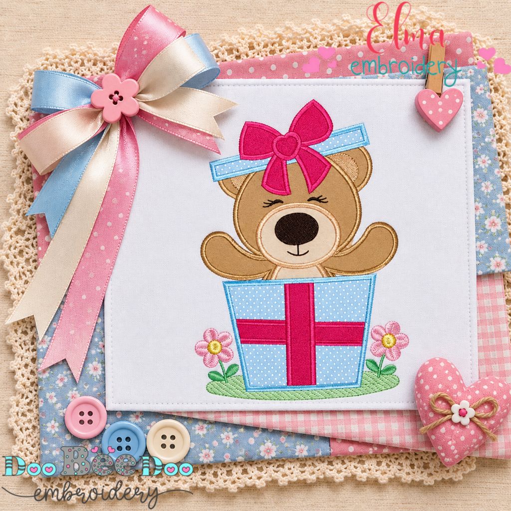 Teddy Bear Surprise Gift - Appliqué - Machine Embroidery Design