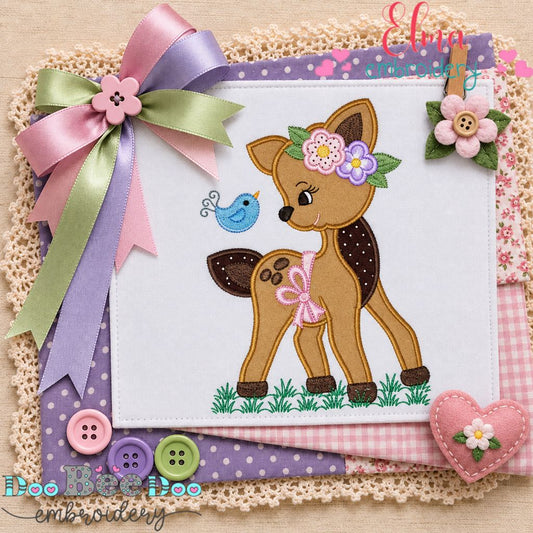 Little Woodland Doe and Bird - Appliqué - Machine Embroidery Design