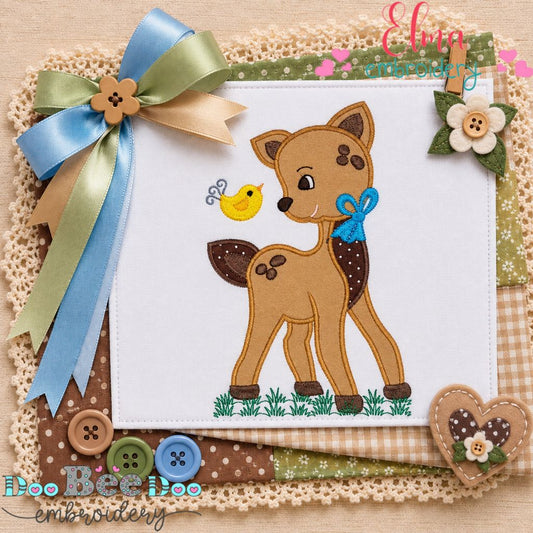 Sweet Woodland Deer and Bird - Appliqué - Machine Embroidery Design