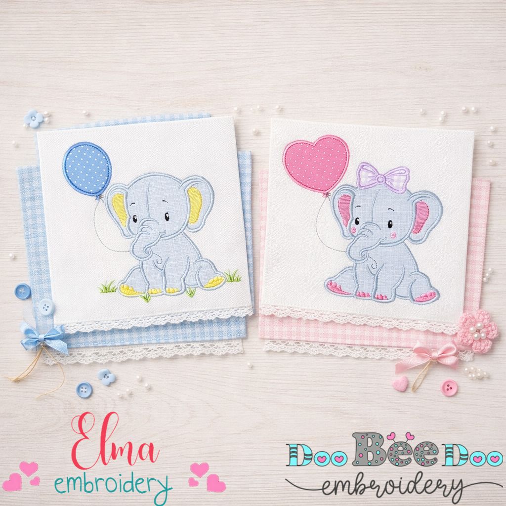 Baby Elephant with Balloon Girl & Boy – Appliqué – Machine Embroidery Design