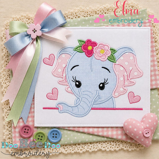 Floral Baby Elephant - Appliqué - Machine Embroidery Design
