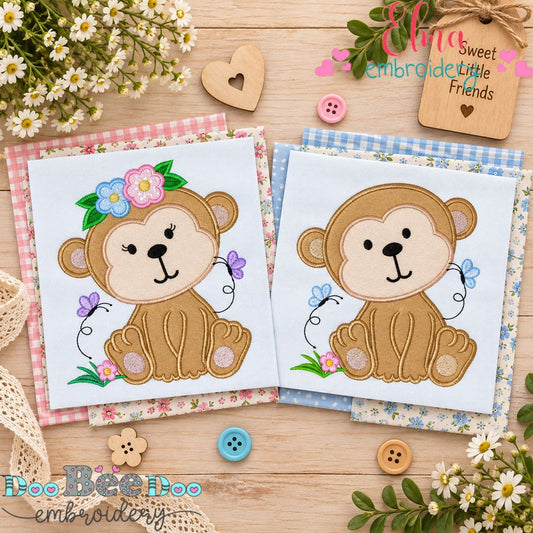 Butterfly Meadow Monkeys - Applique - Machine Embroidery Design