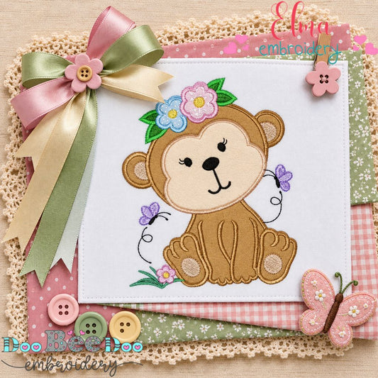 Blossom Monkey Girl - Appliqué - Machine Embroidery Design