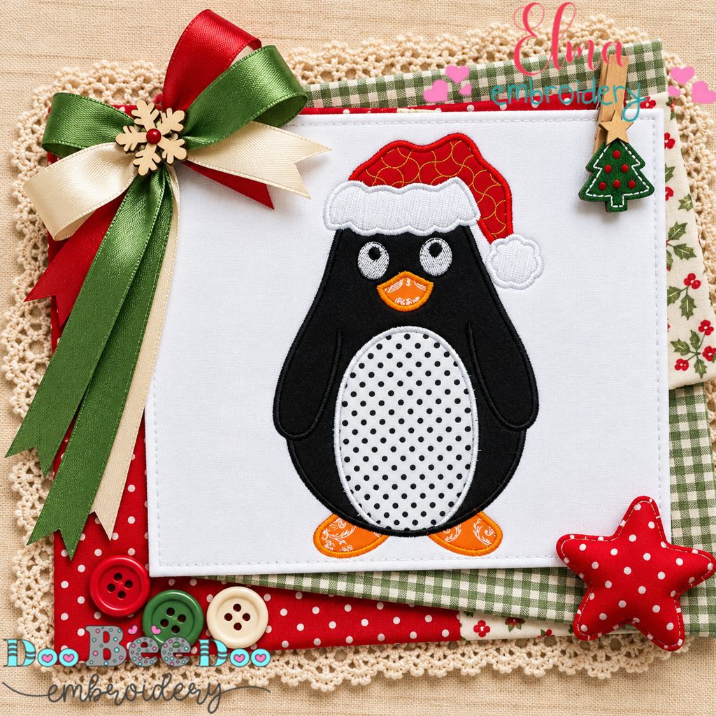 Jolly Little Santa Penguin - Appliqué - Machine Embroidery Design