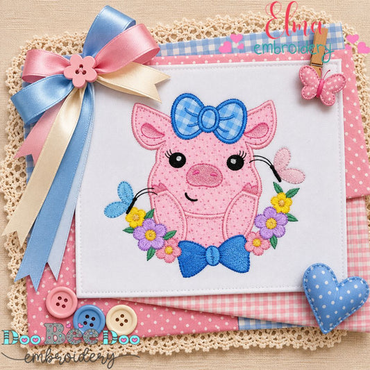 Blossom Garden Piggy - Appliqué - Machine Embroidery Design