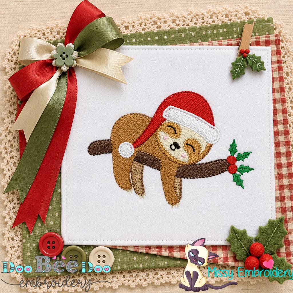 Holly Jolly Sloth - Fill Stitch - Machine Embroidery Design