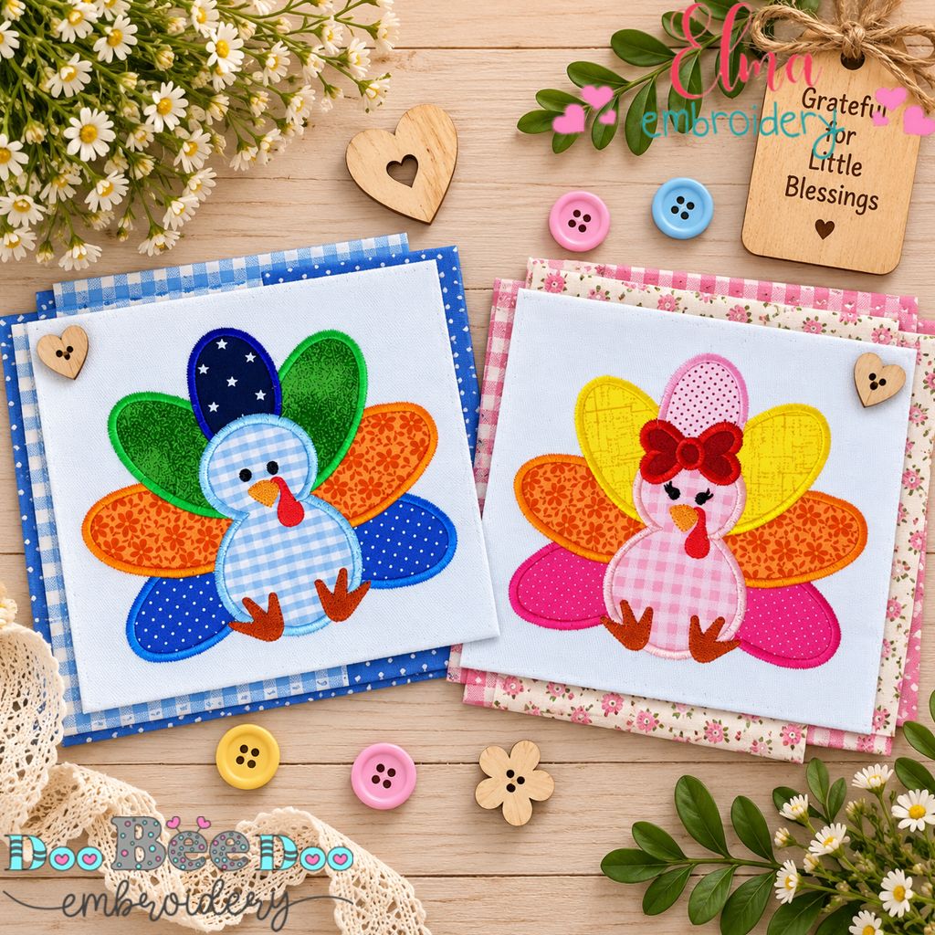 Little Gobble Sweethearts - Appliqué - Machine Embroidery Design