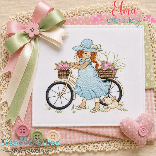 Bicycle Garden Girl - Sketch Stitch - Machine Embroidery Design