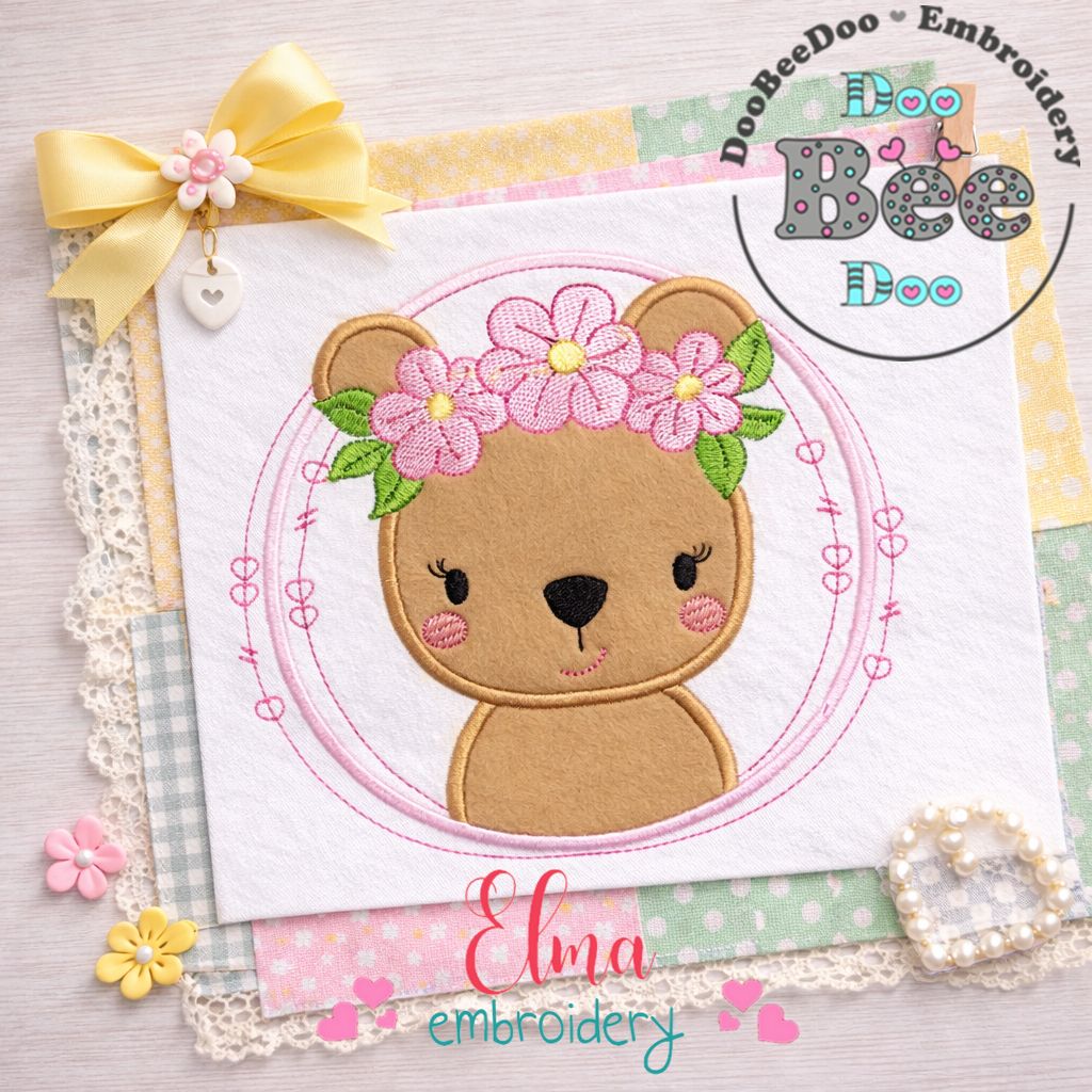 Bear Girl Flowers Frame - Applique - Machine Embroidery Design